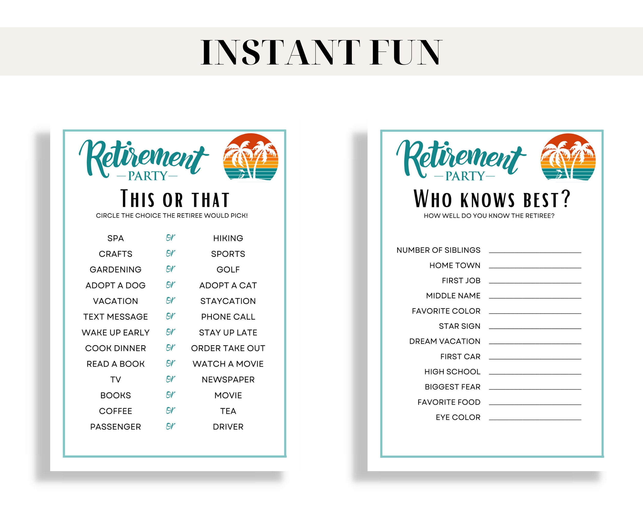 Palm Tree Retirement Party Games Bundle, Interactive Printable Games ...