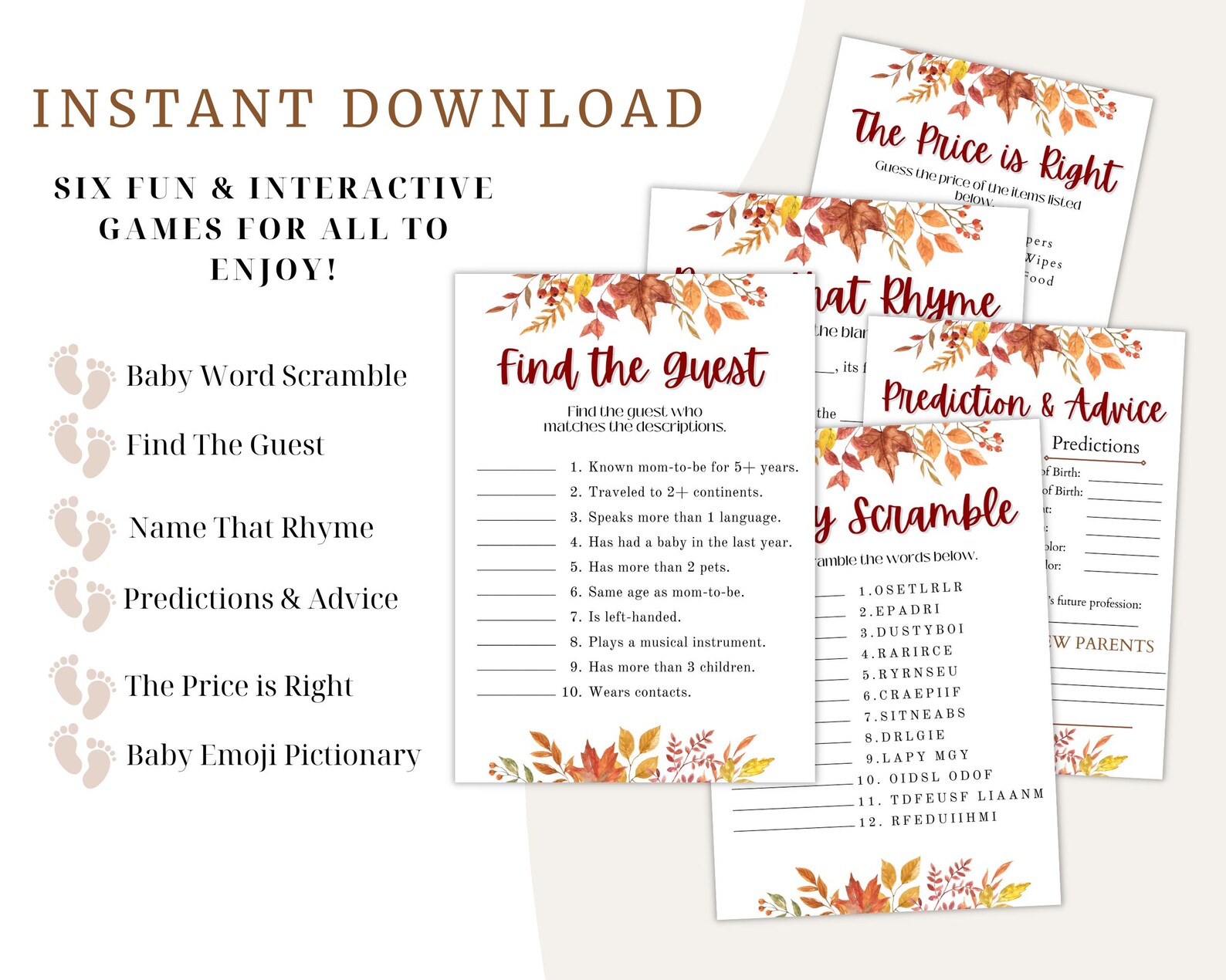 Autumn Baby Shower Games Bundle, Fall Leaves Printable Activities Pack ...