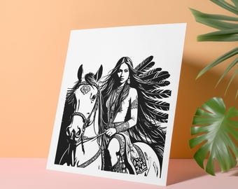May include: Black and white illustration of a woman riding a horse. The woman has long hair and is wearing a feathered headdress. The horse has a detailed design on its body.