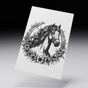 Cheval avec dessin vectoriel fleur en fer à cheval ; Fichiers SVG, PNG et JPEG inclus. Il s'agit d'un téléchargement numérique, aucun produit physique ne sera expédié.