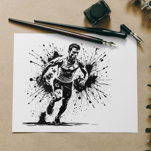 Może przedstawiać: Czarno-biała ilustracja osoby biegnącej z tłem w postaci rozprysku.