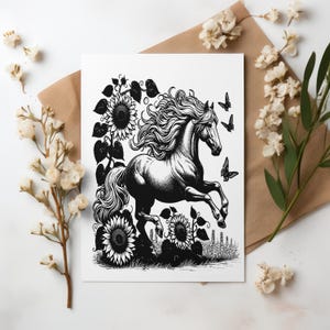 Dessin vectoriel de cheval, de tournesol et de papillon ; Fichiers SVG, PNG et JPEG inclus. Il s'agit d'un téléchargement numérique, aucun produit physique ne sera expédié.