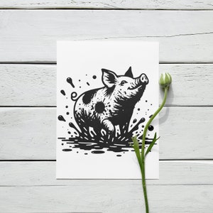 May include: Black and white illustration of a piglet running through a puddle of mud. The piglet is spotted and has a happy expression. The illustration is on a white background.