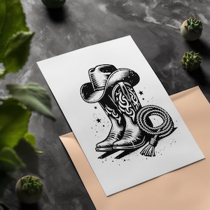 Cowboy Boots, Hut und Seil Vektor Design, SVG, PNG und JPEG Datei enthalten Es ist ein digitaler Download, kein physisches Produkt wird versendet.