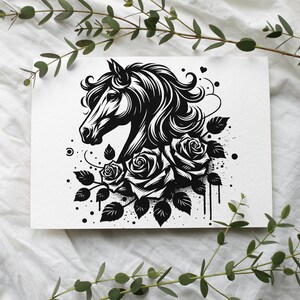 Beau dessin vectoriel de cheval et de roses ; Fichiers SVG, PNG et JPEG inclus. Il s'agit d'un téléchargement numérique, aucun produit physique ne sera expédié.