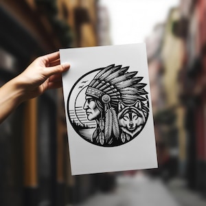 American Indian and Wolf Vector Design SVG, PNG and JPEG File Included it is a digital download no physical product will be shipped