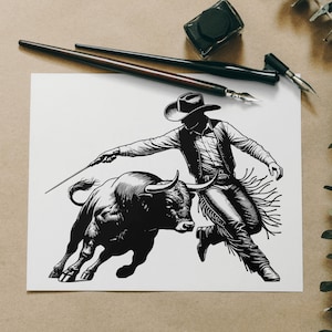 Cowboy and Bull Vector Design, SVG, PNG and JPEG File included. It is a digital download no physical product will be shipped.