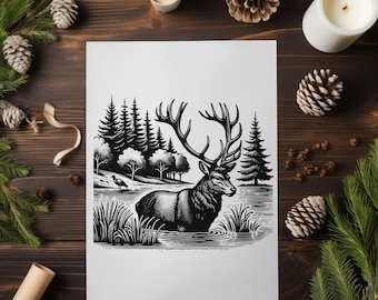 Elk in Water Vector Design: SVG, PNG, JPEG Files (Digital Download)