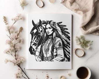 May include: Black and white illustration of a woman with long hair and a headdress standing next to a horse. The woman is wearing a beaded necklace and a long dress with intricate designs. The horse has a bridle and a saddle.