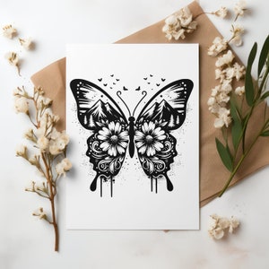 Schmetterling und Berge Vektor-Design; SVG, PNG und JPEG Datei inklusive. Es ist ein digitaler Download, es wird kein physisches Produkt versendet.
