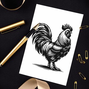 May include: Black and white illustration of a rooster with a large, detailed comb and wattles. The rooster is facing right and has a long, flowing tail.