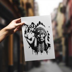 May include: Black and white illustration of a Native American chief wearing a headdress and a wolf. The chief is looking to the right and the wolf is looking to the left. The image is in a grunge style.