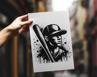 May include: Black and white illustration of a baseball player wearing a cap and holding a bat. The image has a splatter effect.