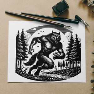 Puede incluir: Ilustración en blanco y negro estilo xilografía de un hombre lobo corriendo por un bosque. El hombre lobo se representa en una pose dinámica, con las garras extendidas y la boca abierta en un gruñido. El bosque está representado por árboles y follaje estilizados.