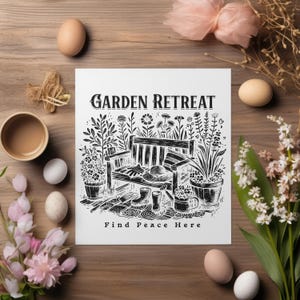 Garden Retreat Vector Design: SVG-, PNG- en JPEG-bestand inbegrepen. Dit is een digitale download. Er wordt geen fysiek product verzonden.