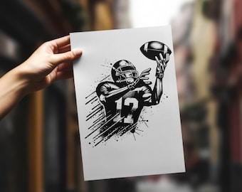 May include: Black and white illustration of a football player in action, throwing a football. The player is wearing a helmet and jersey with the number 12. The illustration is done in a stylised, graphic style.
