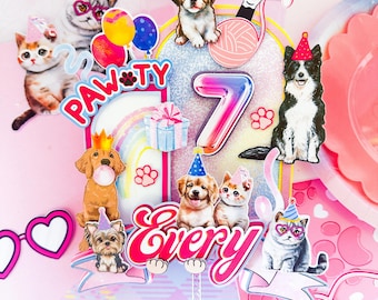 Könnte beinhalten: Ein farbenfroher Tortenaufsatz mit den Worten "PAWTY Every" und der Zahl 7. Der Aufsatz zeigt Illustrationen von Katzen und Hunden mit Partyhüten, Luftballons und einem Regenbogen. Der Hintergrund ist rosa.