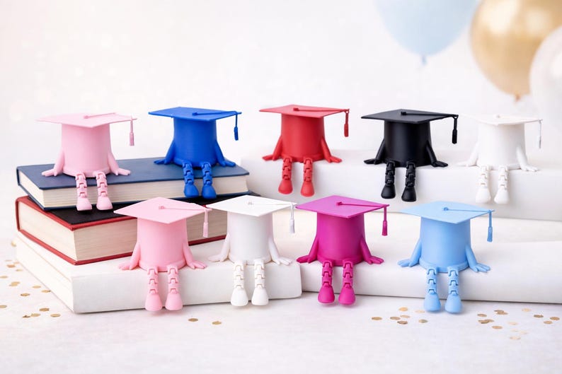K&ouml;nnte beinhalten: Eine Sammlung farbenfroher Abschlusskappen-Figuren in Rosa, Blau, Rot, Schwarz und Wei&szlig;. Jede Kappe hat eine Quaste und sitzt auf einem Buch oder einer wei&szlig;en Oberfl&auml;che, mit herunterh&auml;ngenden Beinen. Ballons sind im Hintergrund.