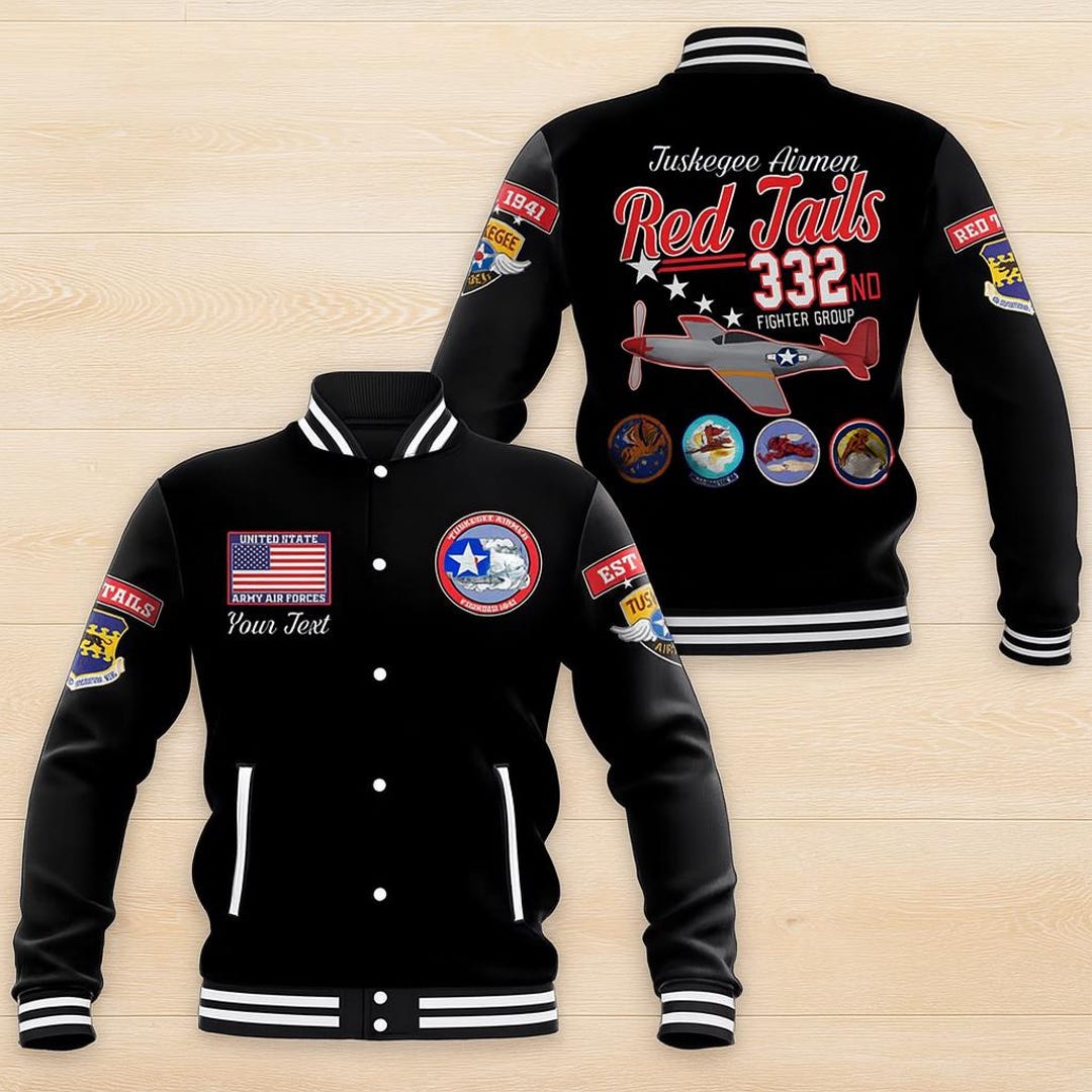 Tuskegee Red Tails Airmen Baseball Jacket 332nd Fighter Group - Black Red LT15 main image 1