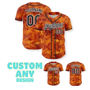 May include: Orange baseball jersey with a fiery pattern. The jersey features black trim, the text "Yourteams" and "YOURNAME", and the number "00". The image also includes the text "CUSTOM ANY DESIGN".