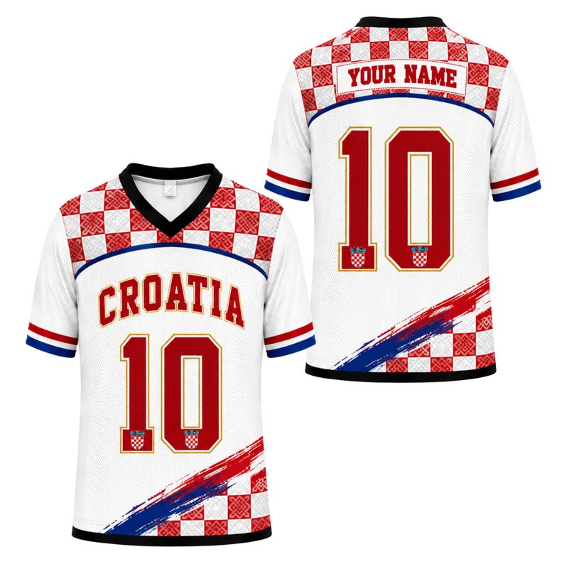 May include: A white V-neck jersey featuring a red and white checkered pattern on the shoulders and hem. The front displays the text CROATIA and the number 10. The back shows the text YOUR NAME and the number 10, with red and blue brush strokes.