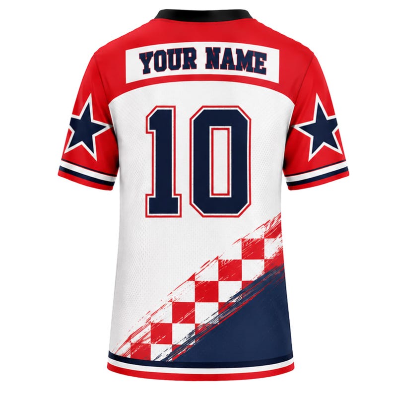 May include: A short-sleeve sports jersey featuring a white mesh body with a red upper section and sleeves. The back displays the text YOUR NAME above the number 10 in navy blue. Navy blue stars adorn the sleeves, and a red and white checkerboard pattern accents the lower right side.