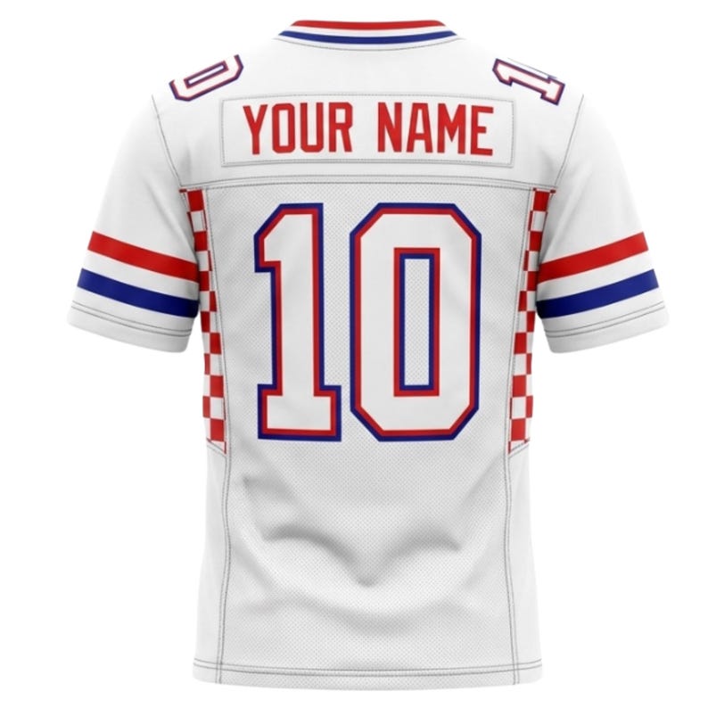 May include: White jersey with red and blue detailing. The number 10 is in large, bold, red and blue lettering. The text "YOUR NAME" is above the number. The sleeves have red and blue stripes.