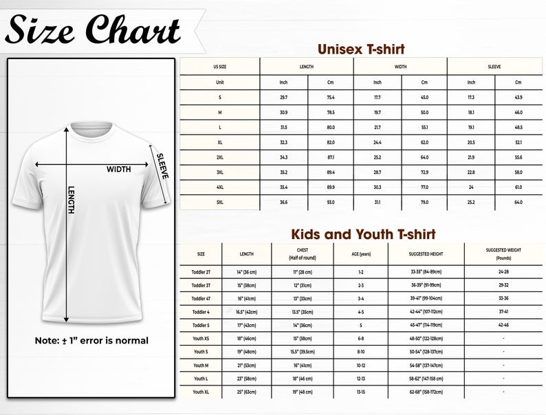 May include: A white t-shirt with length, width, and sleeve measurements, alongside a size chart for unisex and youth t-shirts. The chart includes measurements in inches and centimeters, with suggested heights and weights for youth sizes. The text "Size Chart" is at the top.