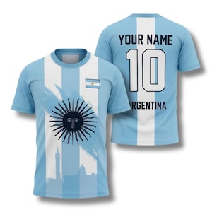 Personalized Argentina Soccer T-Shirt, Custom Name and Number, Sky Blue and White