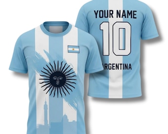 Personalized Argentina Soccer T-Shirt, Custom Name and Number, Sky Blue and White