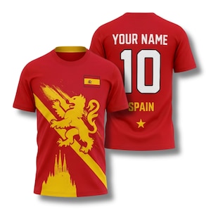 Personalized Spain Soccer T-Shirt, Red Yellow Jersey with Lion Graphic image 1