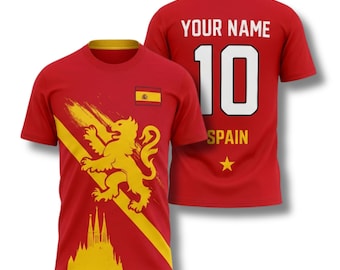 Personalized Spain Soccer T-Shirt, Red Yellow Jersey with Lion Graphic