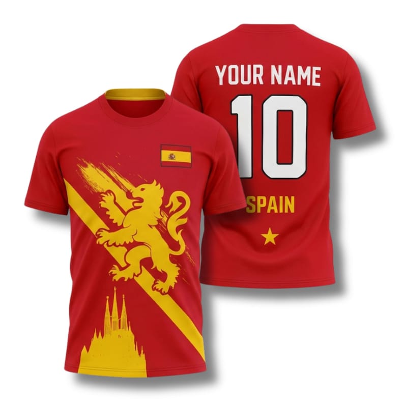 Personalized Spain Soccer T-Shirt, Red Yellow Jersey with Lion Graphic image 1