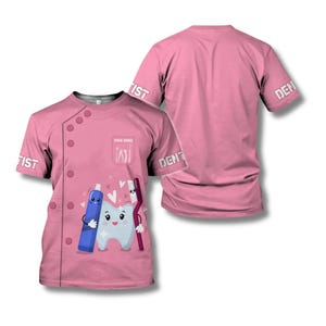 Aangepast roze tandarts-T-shirt, schattige tandenborstel, gepersonaliseerd scrub-T-shirt