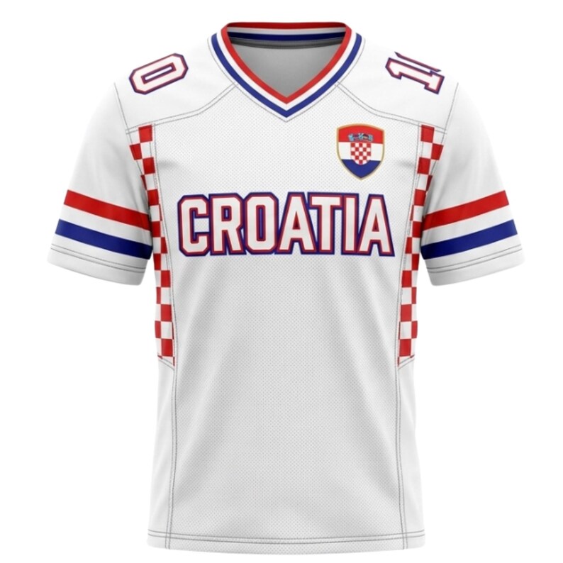 May include: White Croatia football shirt with red, white, and blue detailing. The shirt displays the word "CROATIA" across the chest, a Croatian coat of arms, and the numbers "0" and "1" on the shoulders.