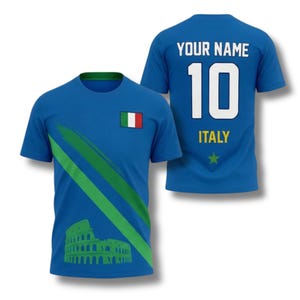 Personalisiertes Italien Fußballfan-T-Shirt, benutzerdefinierter Name und Nummer, blaues Jersey Style T-Shirt mit Flaggenpatch