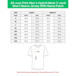 May include: A size chart for an all-over print hybrid mesh V-neck short sleeve jersey with a name patch. The table lists sizes S through 5XL with chest and length measurements in inches and centimeters, accompanied by a line drawing of a jersey.