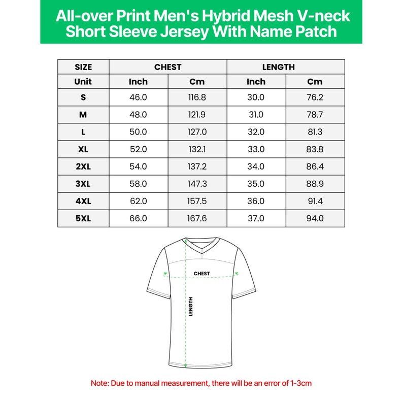 May include: A size chart for an all-over print hybrid mesh V-neck short sleeve jersey with a name patch. The table lists sizes S through 5XL with chest and length measurements in inches and centimeters, accompanied by a line drawing of a jersey.