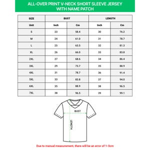 May include: A white chart detailing size measurements for a V-neck short sleeve jersey with a name patch. Measurements are in inches and centimetres for bust and length, from size S to 7XL.