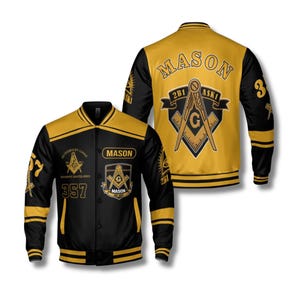 Personalisierte Freimaurer Varsity Jacke - Schwarz Gold 2B1 Frag1 Bomber mit Individuellem Logen-Namen