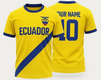 Personalized Ecuador Soccer Fan T-Shirt with Custom Name & Number, Yellow Blue Diagonal Jersey Style Tee, Unisex Football Supporter Gift