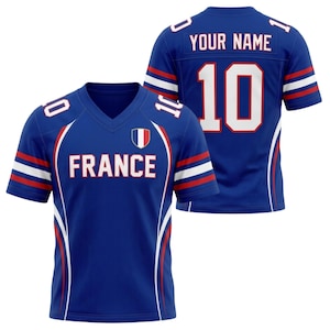 May include: A blue jersey with white and red accents, featuring the word "FRANCE" across the chest and the number "10" on the back. The jersey also has the option to add a name above the number.