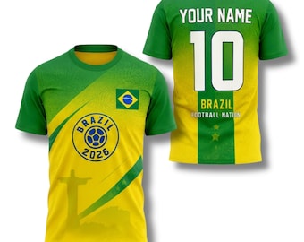 Personalisierte Brasilien Fußball Fan T-Shirt, Name und Zahl