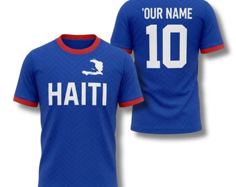 Personalized Haiti Soccer Fan T Shirt, Custom Name & Number Back, Blue Red Jersey Style Ringer Tee