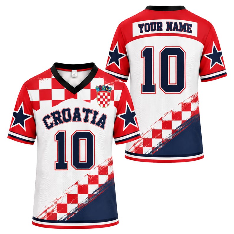 May include: A white, red, and navy blue jersey featuring a V-neck collar, the text CROATIA, the number 10, and a checkerboard pattern. The back displays the text YOUR NAME and the number 10. Both sides feature navy blue stars on the sleeves.