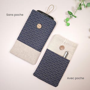 Pochette téléphone tissu japonais bleu marine, Housse smartphone fait main, Étui portable avec ou sans poche, Cadeau homme ou femme