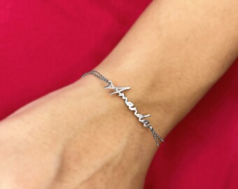 PULSERA CON NOMBRE DE PLATA, Pulsera de plata con firma personalizada, Pulsera con nombre minimalista para mujer, Regalo de joyería personalizado, Regalo para hija