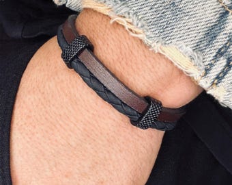 Bracciale da uomo in pelle intrecciata, chiusura in acciaio inossidabile con incisione, regalo per mamma e figlio - Italia