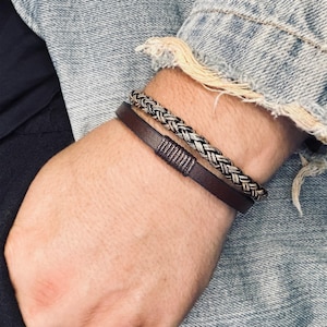 Braided Leather Mens Bracelet: Engraved Date, Personalized Jewelry
