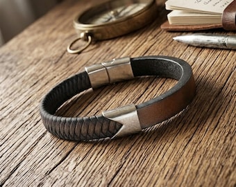 Custom Men’s Leather Bracelet - Engraved Men Gifts - Personalized Cuff - Anniversary Gift for Him